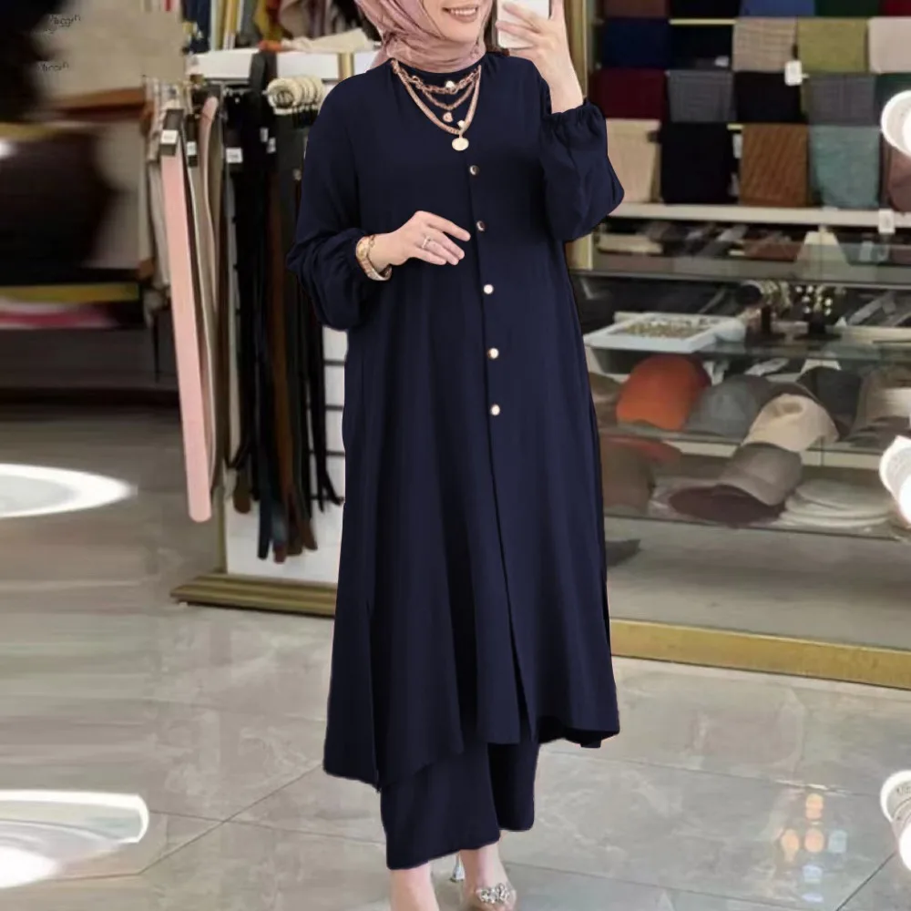 Muslim Dress for Women Blouse 2 Piece Set Long Sleeve Abaya Shirt Wide Leg Pant Suits Arabic Dubai Dresses Musulman Ensembles