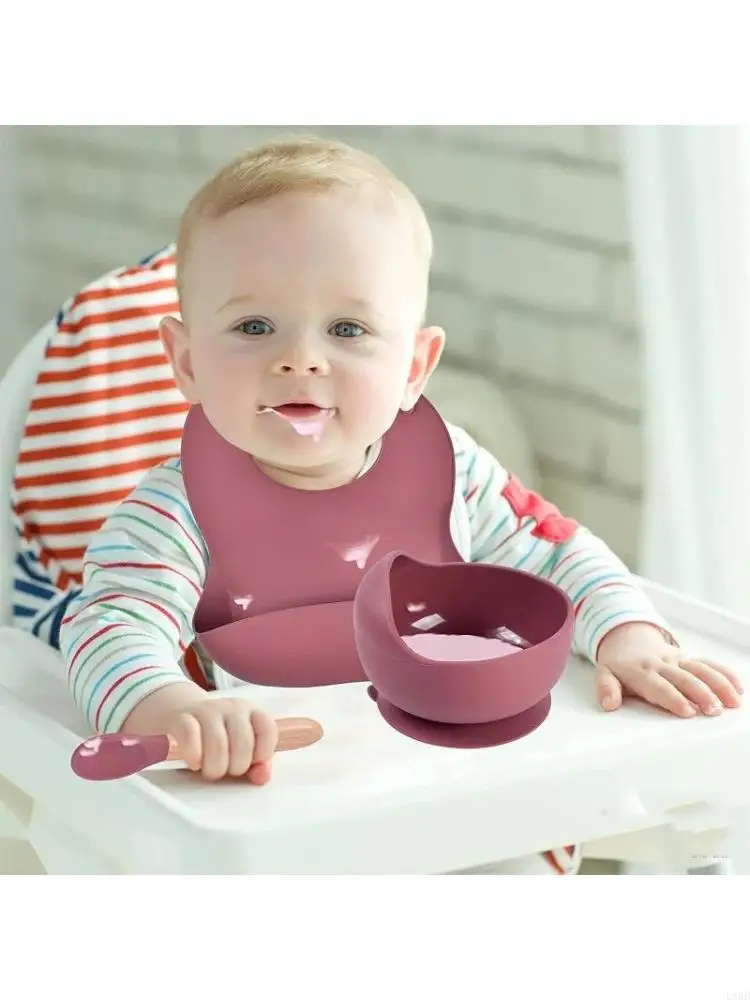 

4 Pcs Baby Silicone Bib Divided Dinner Plate Spoon Fork Set Training Feeding Utensil Dishes Tableware L8RB