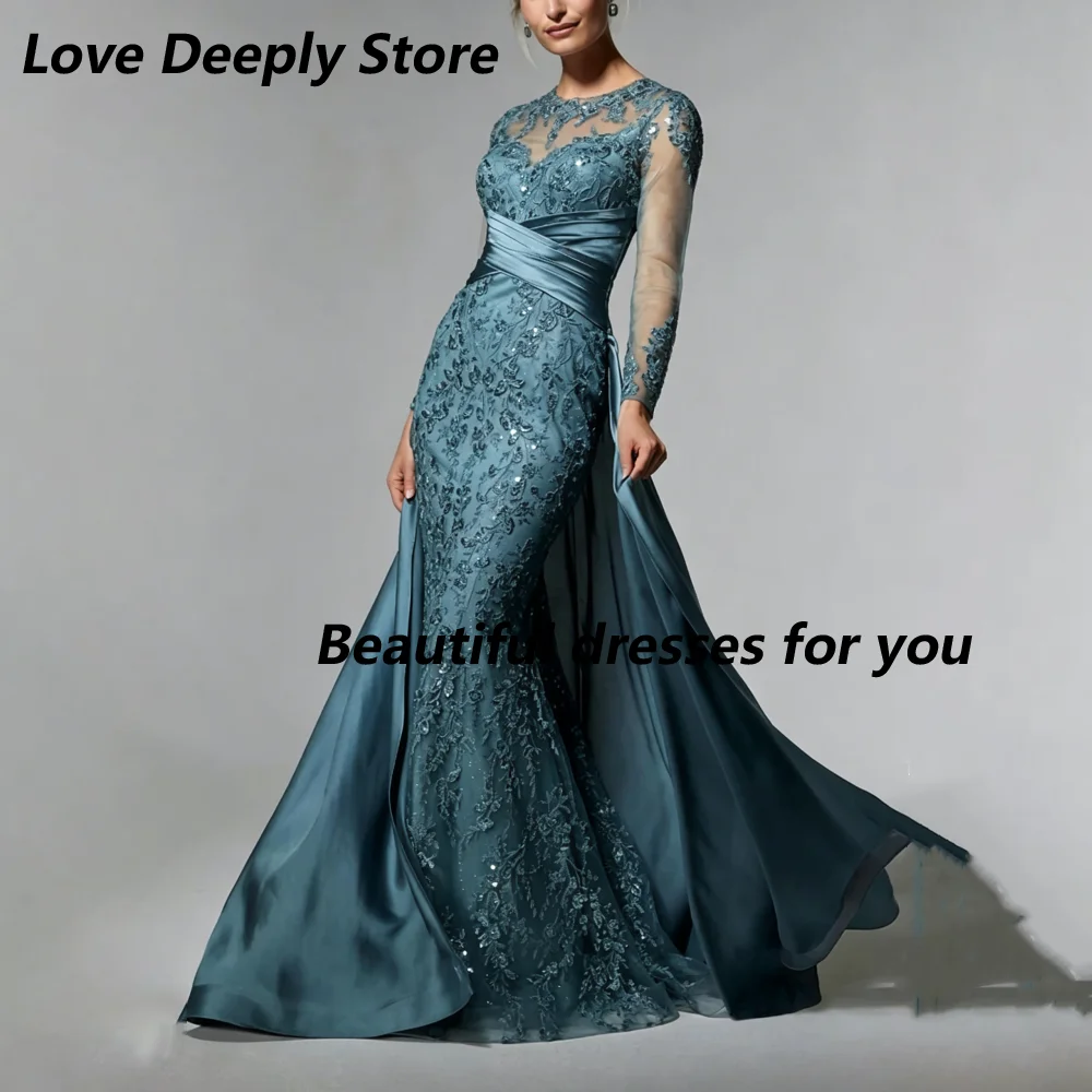 Vestidos de Madrina de Sirena Personalizados en Verde Polvoriento con Manga Larga, Encaje, Lentejuelas, Satén y Cintura Cruzada para Invitadas de Boda