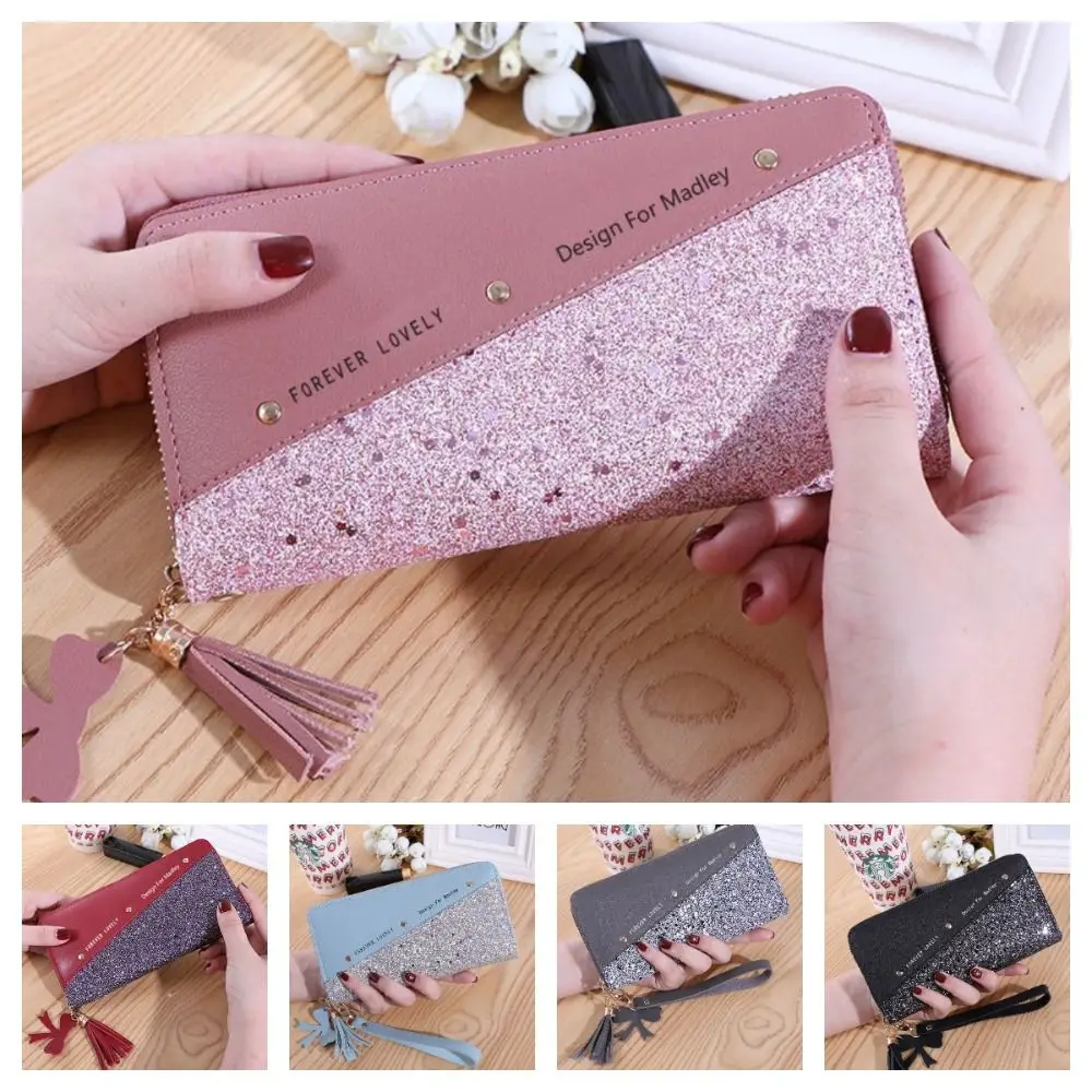 

Simple PU Leather Women Long Purse Shiny Tassel Pendant Woman Clutch Wallet Multi-card Slot Color Contrast Square Card Bag Lady