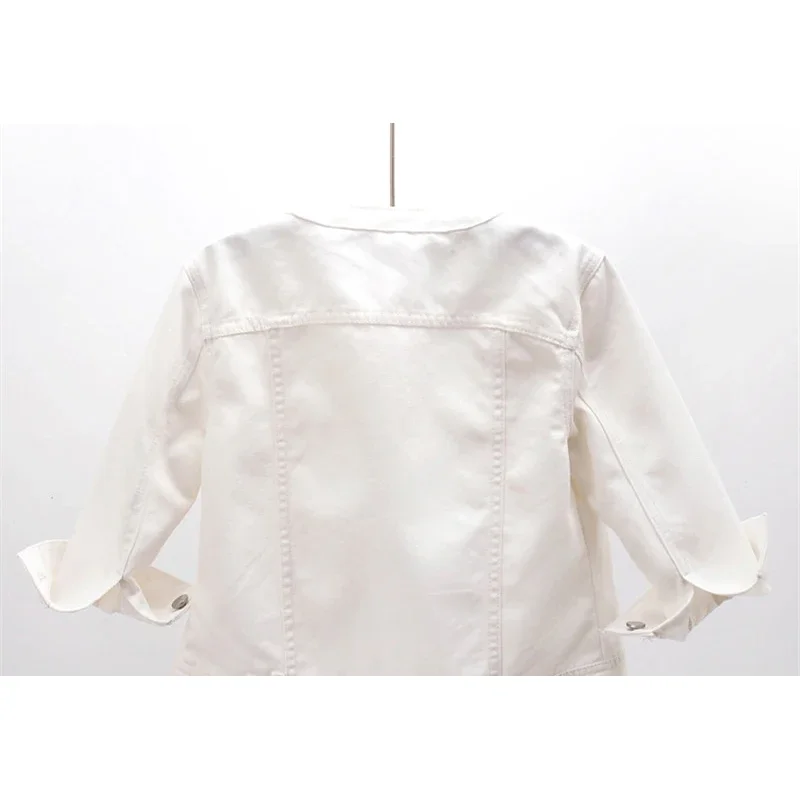 Letnia Cienka Kurtka Jeansowa Damska z Krótkim Rękawem Trzy Czwarte, Dekolt Okrągły, Dopasowana, Krótka Kurtka Kowbojska, Biała Kurtka Jeansowa Damska Chaqueta Mujer