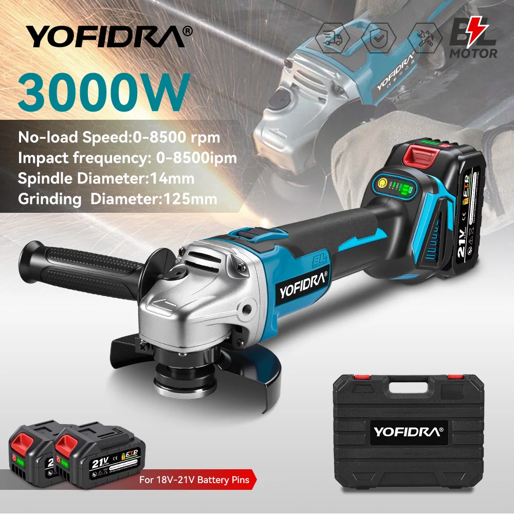 YOFIDRA 125mm meuleuse d'angle sans brosse 4 vitesses rectifieuse sans fil coupe outil électrique pour le travail du bois pour Makita 18V batterie broche