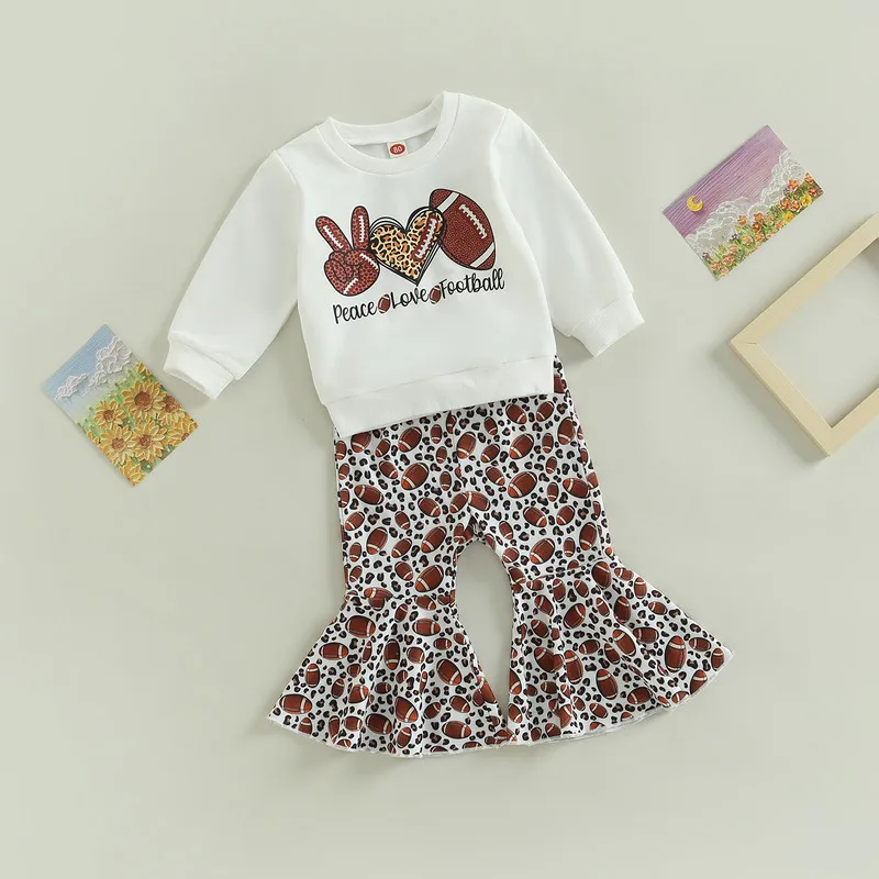 

Toddler Kids Girls 2 Pieces Outfits, Letter Heart Rugby Print Round Neck Long Sleeve Tops + Flare Long Pants Set