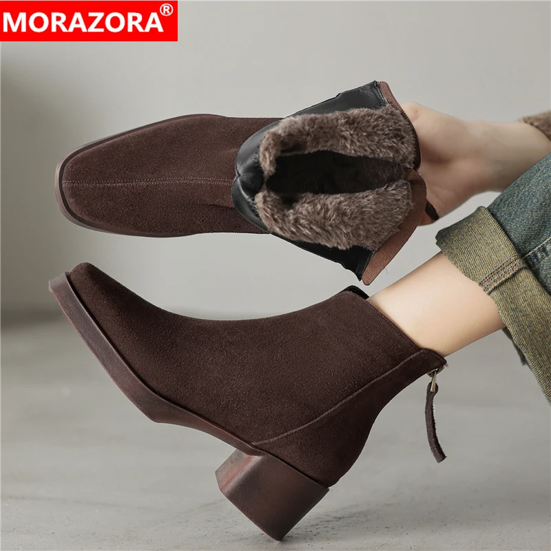 

MORAZORA Size 34-42 Cow Suede Leather Ankle Boots Women Thick Fur Warm Winter Boots Ladies High Heels Short Botas