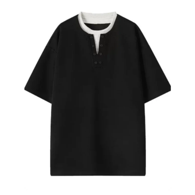 American style two-piece contrast color Henry collar short-sleeved t-shirt for men. Summer trendy brand. Loose and classic style