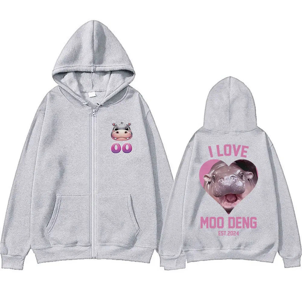 I Love Moo Deng Funny Meme Zipper Hoodie Baby Hippo Print Zip Up Jacket Men Women Cotton Oversized Fashion Casual Zip Up Hoodies