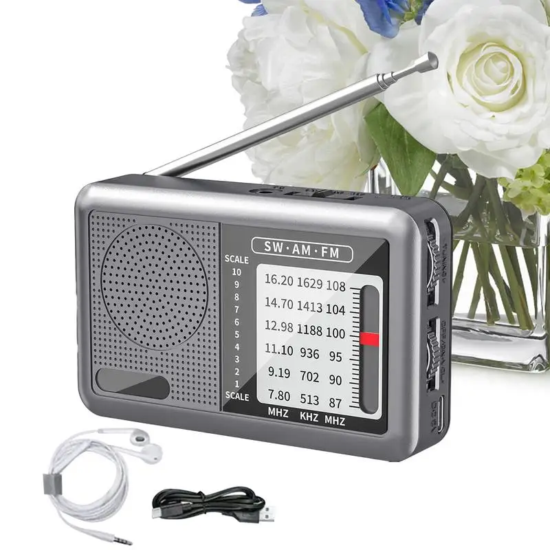 노인 여행 야외 캠핑을위한 헤드폰 충전식 배터리 단파 수신기가있는 휴대용 라디오 데스크 라디오