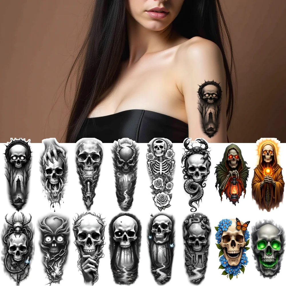 12pcs Temporary Tattoo Snake Waterproof Long-lasting Body Stickers Lantern Staff Realistic Temporary Tattoos Skeleton For