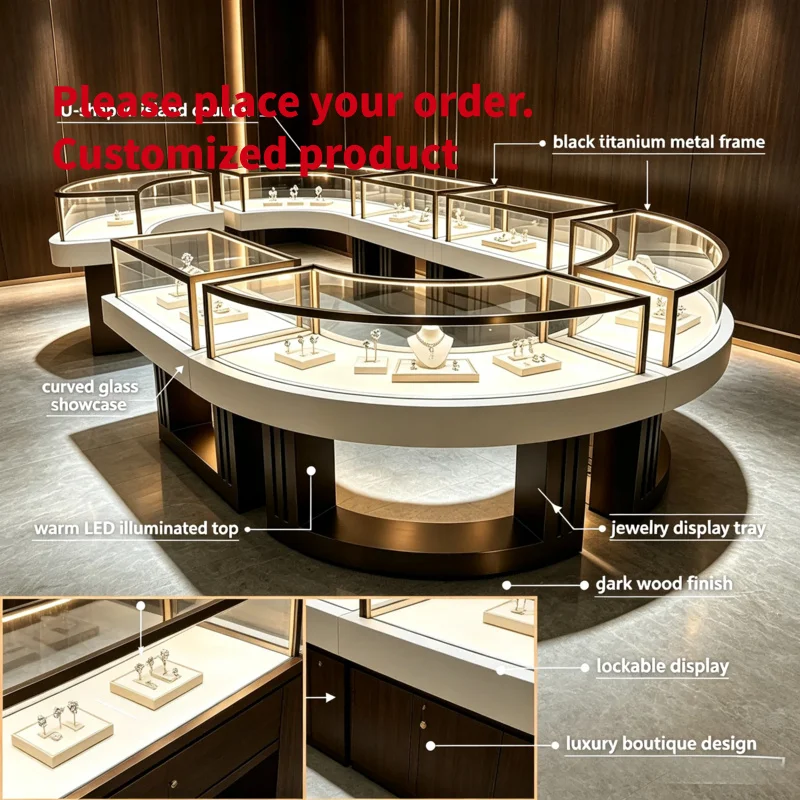 custom.Large U Shaped Curved Jewelry Island Showcase Black Metal Frame Glass Display Counter Built in Warm LED Li