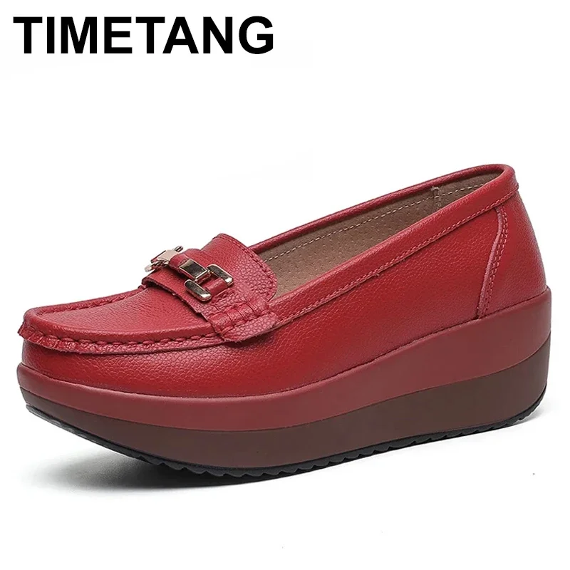 TIMETANG  Women\'s Pumps Platform Loafers Genuine Leather Moccasins Shoes Woman Spring/Summer Female Slip On Casual Wedges Shoes