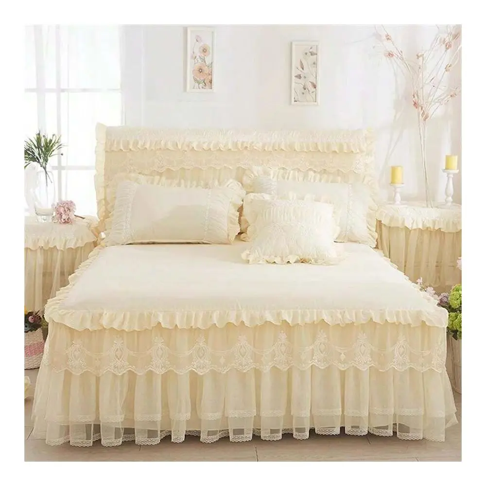 

Комплект постельного белья: 1 юбка для кровати, 2 наволочки, юбка для кровати в стиле принцессы и наволочки с кружевной отделкой, подходят для спальни и отеля.