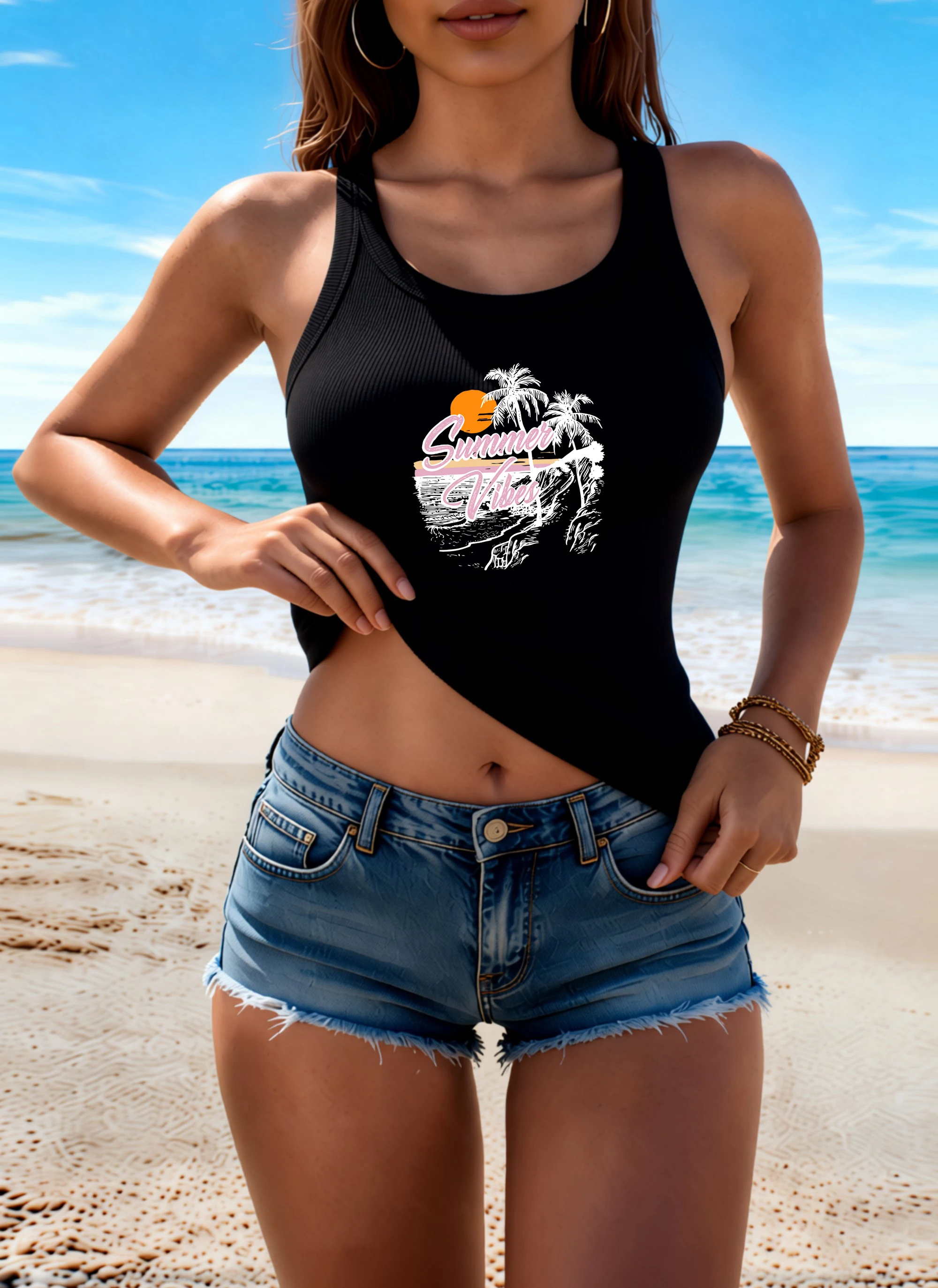 Beach Summer Vibes Coconut Tree Printing Women Korean Vest Casual Cotton Tank Tops Fitness Singlet Comfortable Slim Camisole