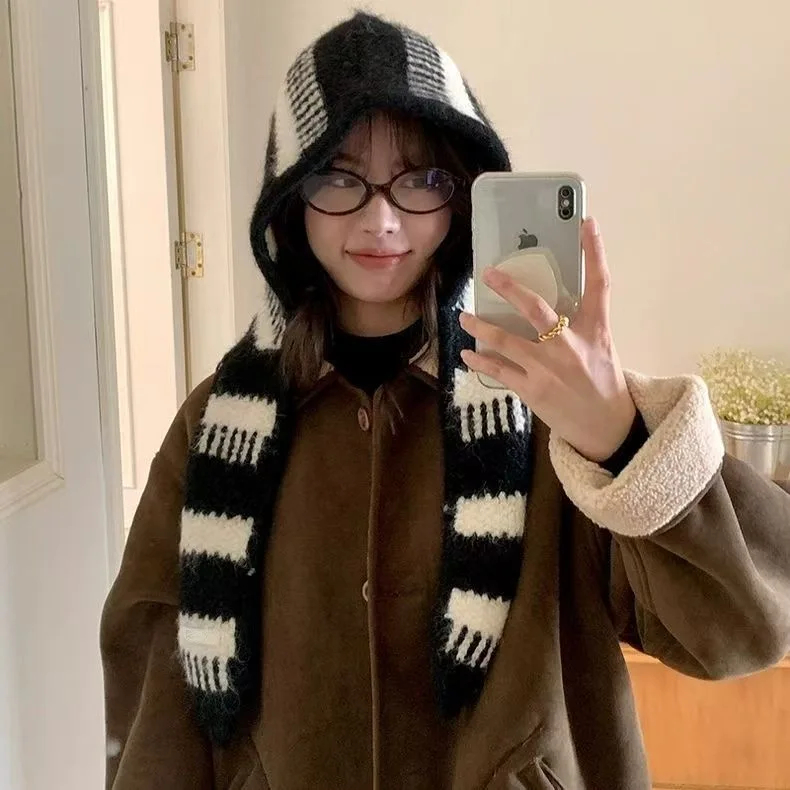 bonnet-echarpe-integre-en-tricot-a-rayures-colorees-coreennes-bonnet-chaud-a-enfiler-pour-l'automne-et-l'hiver