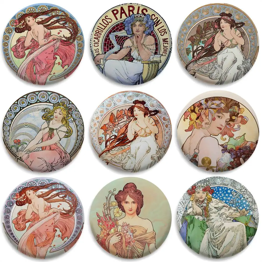 

Ins Art Retro A-ALFONS Badges Round Exquisite Badge Brooches Creative Pins For Clothes Hat Backpack Gift Accessories