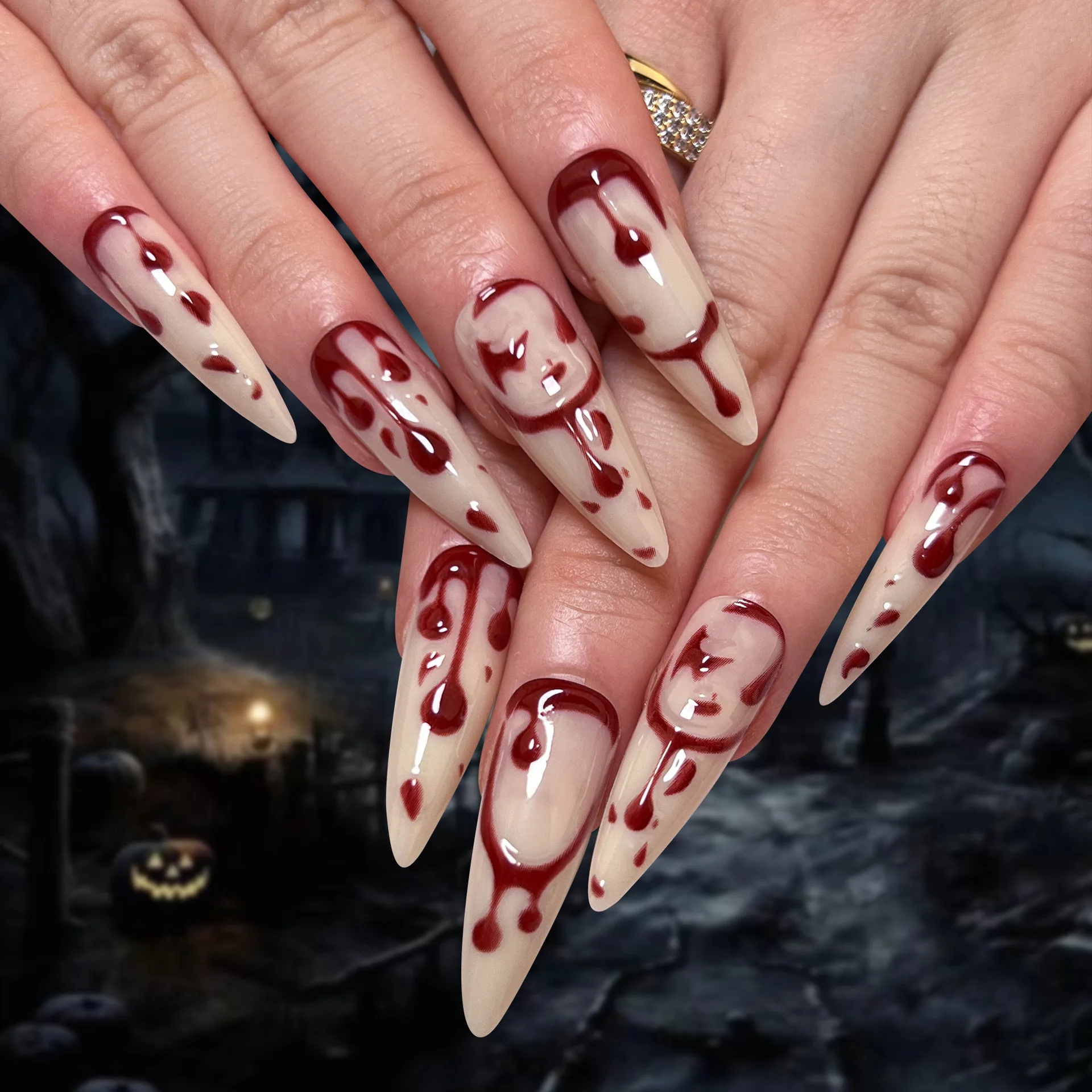 24Pcs Red Halloween Long False Nails Full Cover Stiletto Almond 3D Blood Design Nails Art Full Cover Manicure Press on Nail Tips