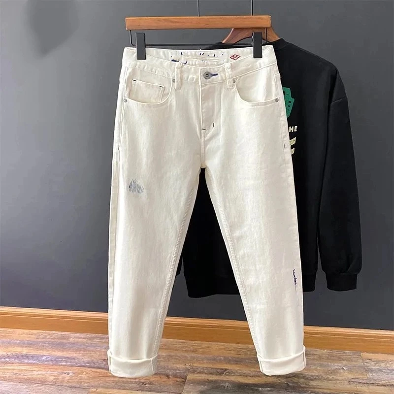 

Осенне-зимние высококачественные модные белые длинные брюки для мужчин, новые мужские прямые джинсы, высококачественная европейская вышивка