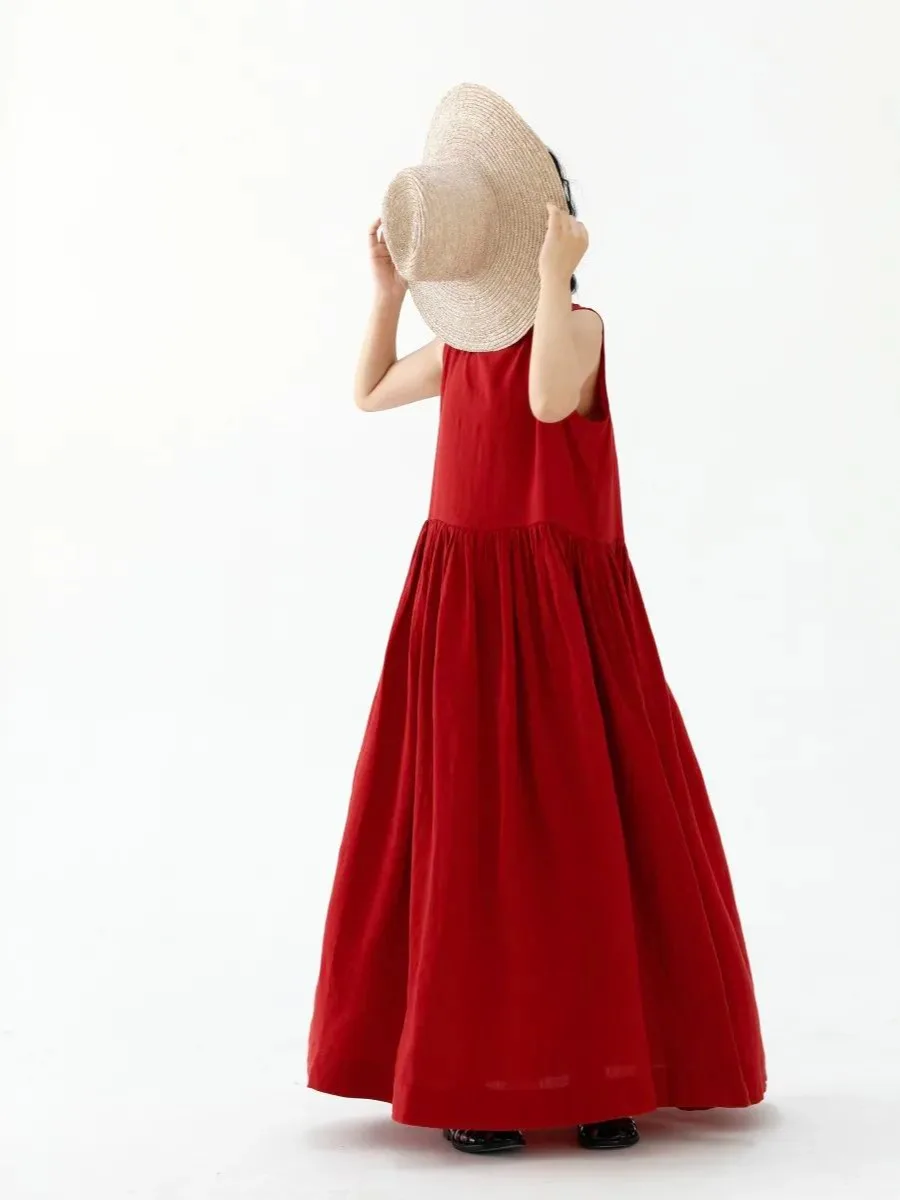 Solid 100% Cotton Red A Line Sleeveless Vest Long Dress Women Summer Elegant Casual Loose Vacation Seaside Sundress X1352