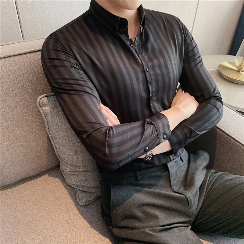 2023 Spring Shirts Men Dress Vertical Stripe Shirts Slim Men Casual Long Sleeve Shirt Male Chemise Homme Tuxedo Shirt