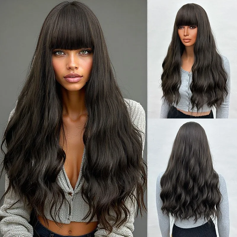 

Wig Female Long Natural Wave Wig Chemical Fiber High Temperature Ribbon Bangs
