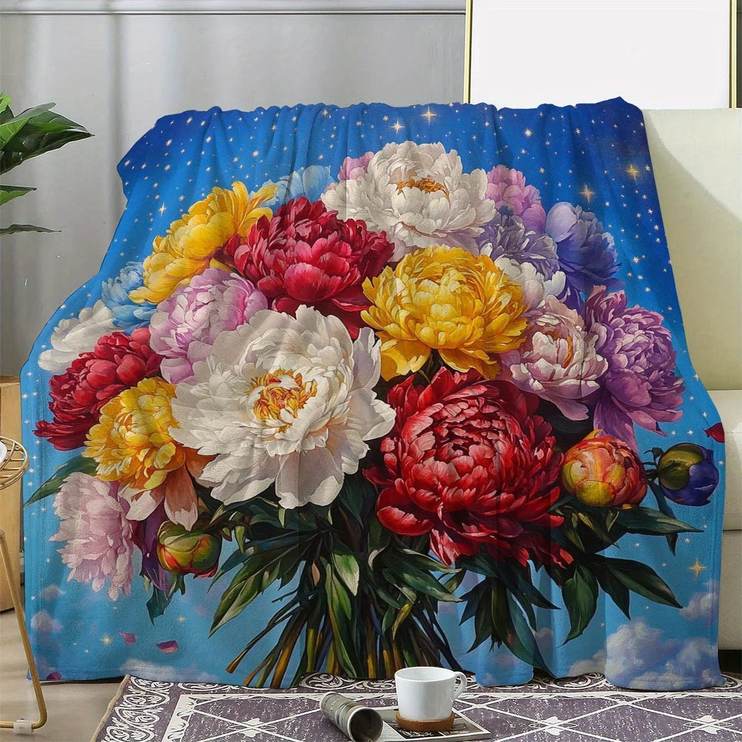 Vintage Floral Print Throw Blanket - Warm, Comfortable, Soft Polyester Flannel with Vibrant Mixed Color Flowers