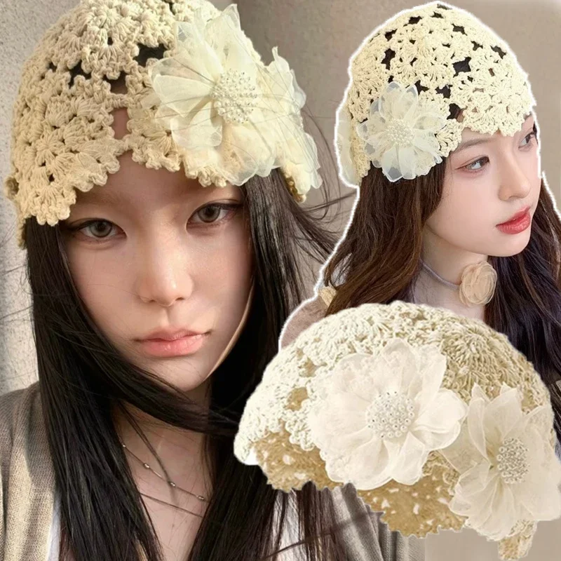 

Women Hollowed Out Knitted Hat Casual Flowers Beret Cap Summer Fashion Hat Breathable Sweety Summer Decorative Lace Crochet Hats