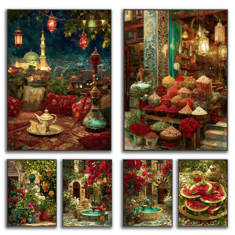 Middle Eastern Spice Lanterns Fountain Terrace Building Tradition Posters Canvas Printing Wall Art Picture for Spices Shop Decor