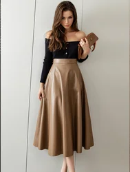 High Waist Elegant Office PU Leather A-Line Skirt For Women 2024 Autumn Winter Casual Long Skirts Female Khaki