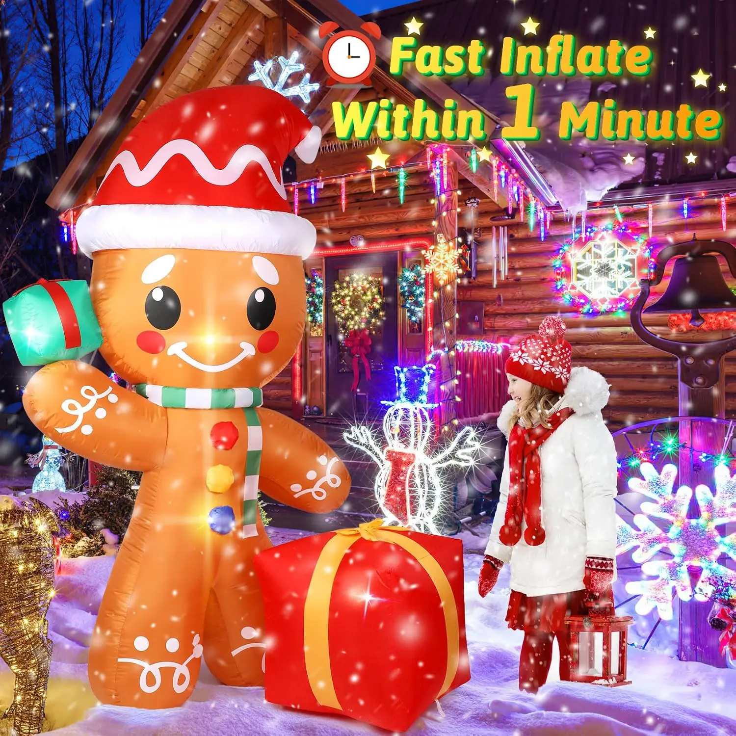6FT Gingerbread Christmas Inflatable Outdoor Decoration with Gift Box Holiday Blow up Yard Decor for Festive Atmosphere