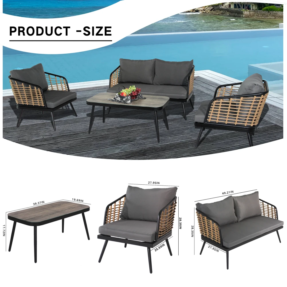 4pcs Patio Furniture Set Outdoor Conversation Sets With Glass Coffee Table PE Rattan Wicker Chairs Cushion For Patio Lawn Garden