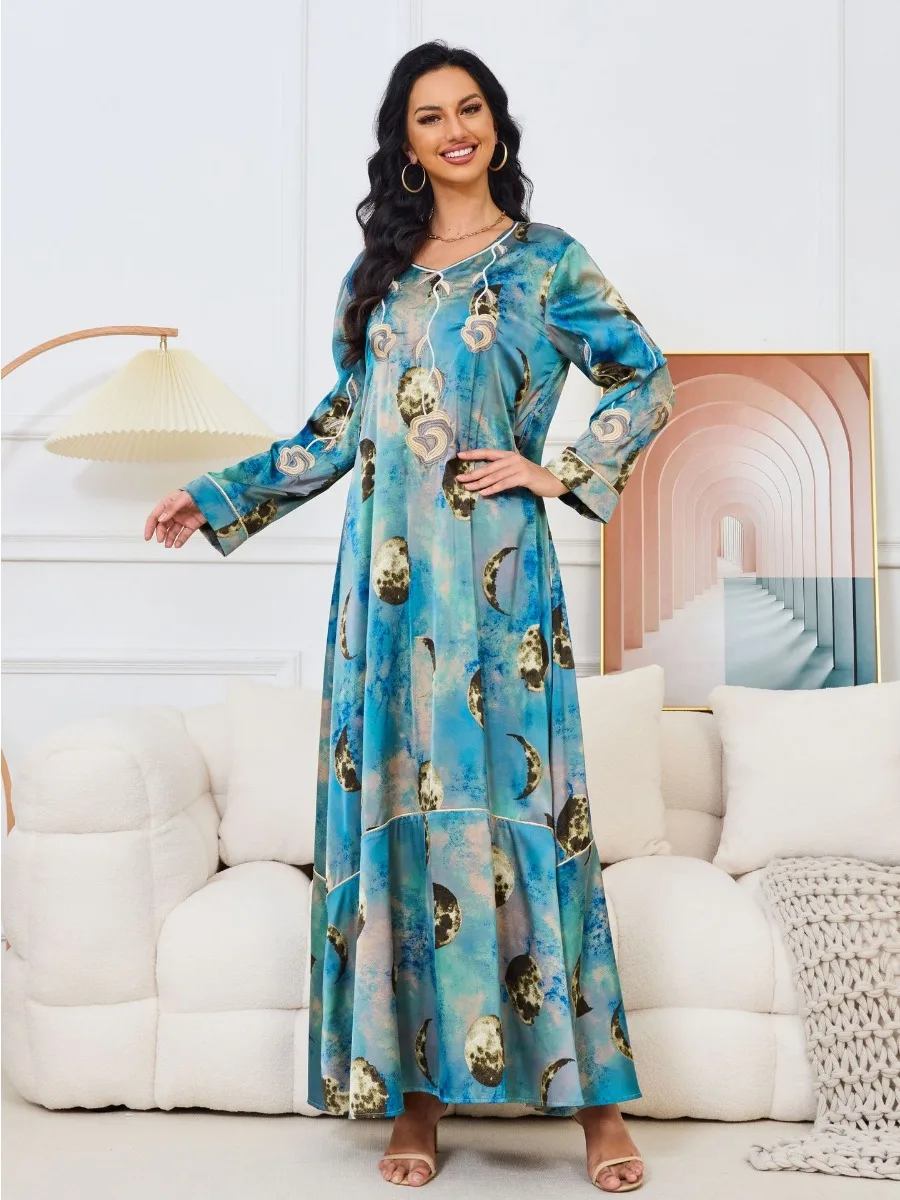 Eid Arab Muslim Party Dress for Women 2024 Abaya Print Jalabiya Long Dresses Morocco Kaftan Vestidos Dubai Ramadan Gown Robe