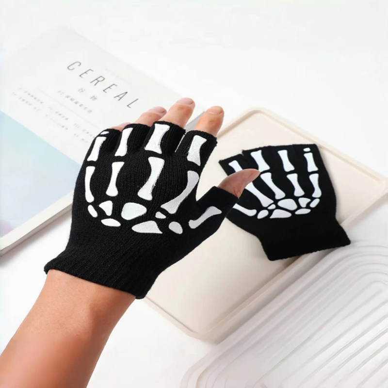 1/2/3/4pair New Kids Halloween Skeleton Skull Half Finger Luminous Punk Gloves Winter Skull Fingerless Black Mittens