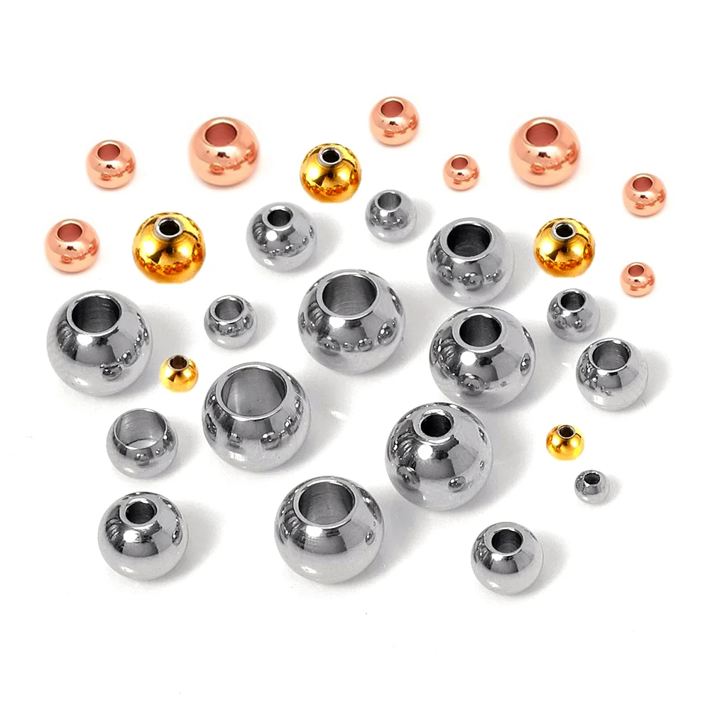 100pcs/lot Rose Gold Plated Stainless Steel Bead Metal Ball Big Hole Loose Spacer Beads for Jewelry Making Diy Beading Bracelets