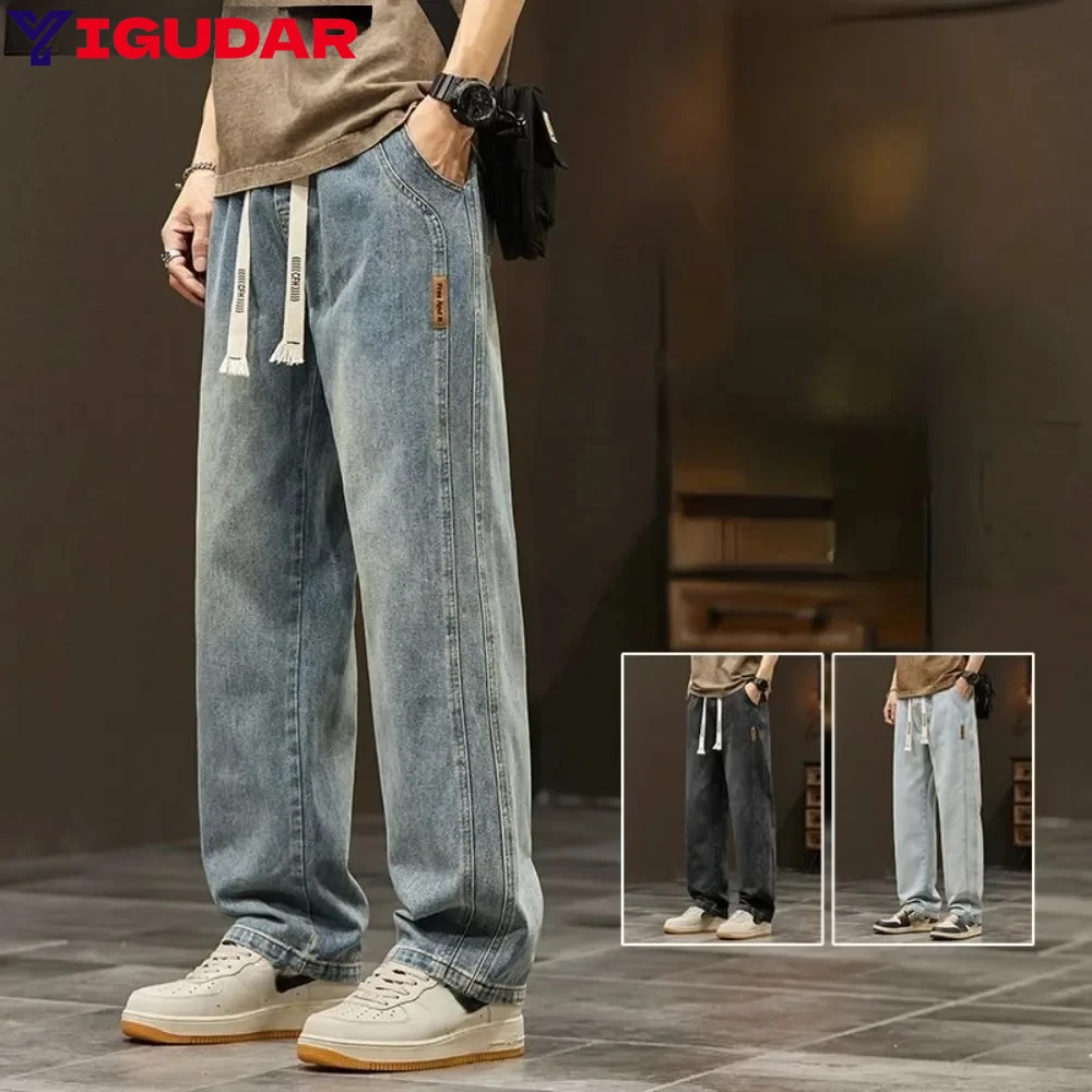 High Street Star Embroidered Jeans Men Retro Washed Patch Loose Wide Leg Pants American Casual Loose Straight Y2K Pants