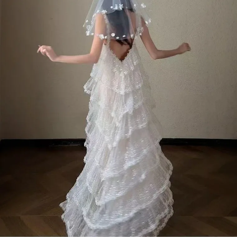 Elegant White Princess Style Engagement Dress Sleeveless Backless Multi-Layer Cake Dress Parties Bride Beautiful Sweet Style