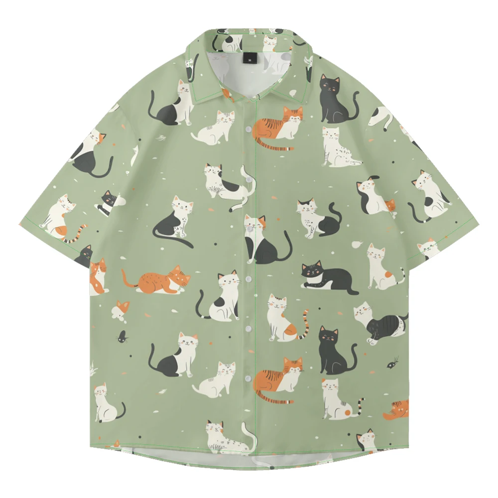 Camisa de manga curta masculina fofa, camiseta de lapela fina, estampa de gatinho animal, blusa solta tamanho grande, estilo casual simples, verão