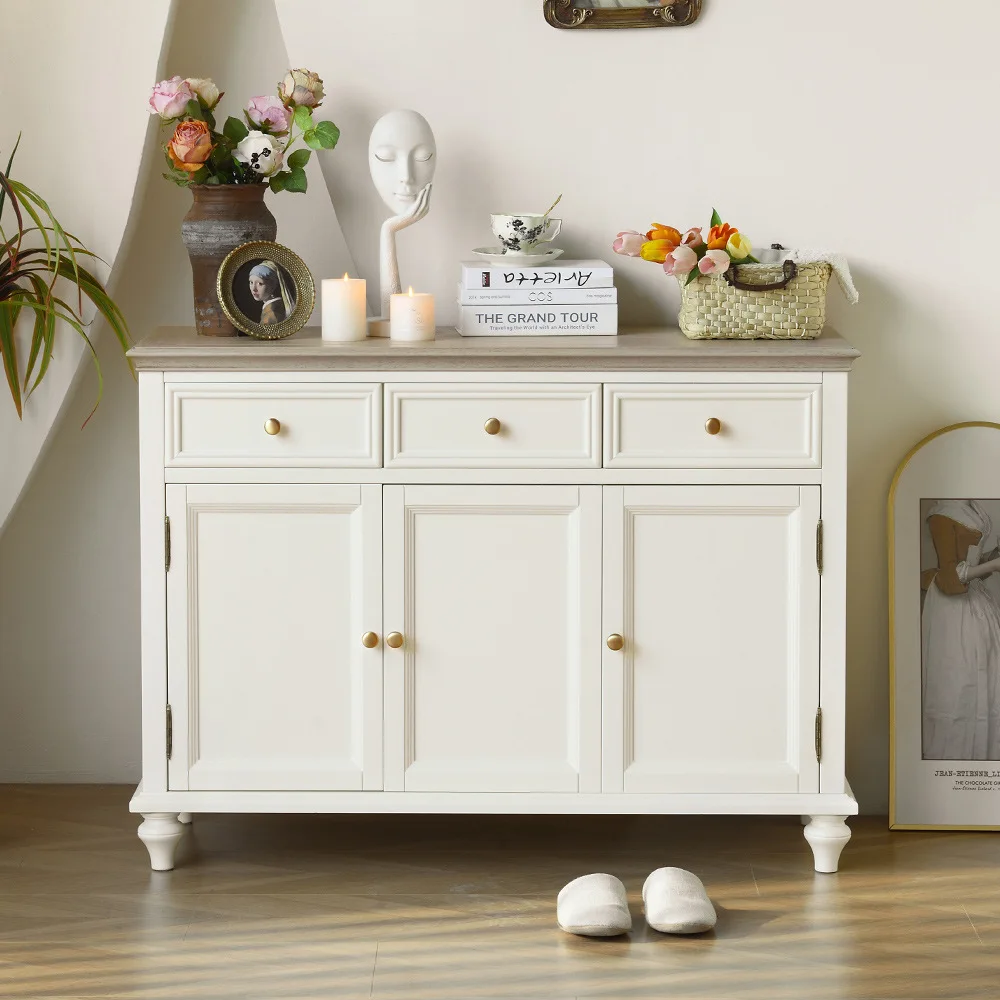 White solid wood dining side cabinet, three doors, all logs, kitchen cabinet, locker, living room wall stand cabinet