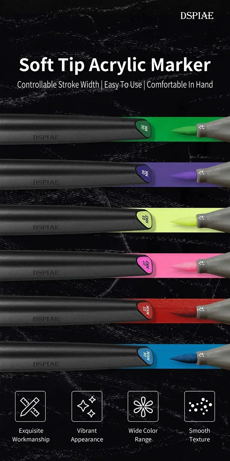 DSPIAE Soft-Tip-Acrylmarker-Set, Grundfarben, fluoreszierende Metallic-Farben mit Radiergummi für Gundam-Modellbau, Malerei, Hobby, DIY-Werkzeug – Detail 1