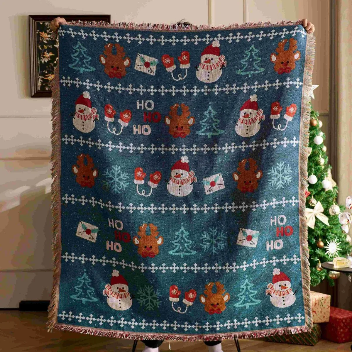 

Textile City Christmas Envelope Blanket with Snowman Reindeer Christmas Tree Patterns Perfect for Holiday Decor & Cozy Snuggles