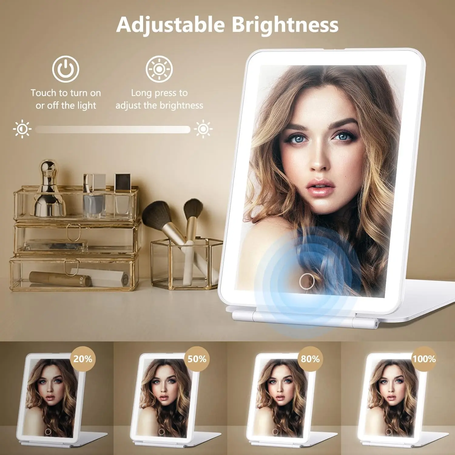 LED Folding Travel Makeup Mirror 3 Colors Light Modes USB Rechargeable Touch Screen Portable Tabletop Cosmetic Mirror