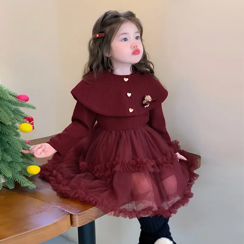 

Girls Winter Princess Dress Red Shawl With Velvet Dress Long Sleeve Knitted Dress For Girls With Bear Tulle Kids Party Clothes