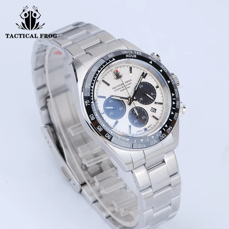 Tactical Frog Solar Chronograph Watch VS75 Quartz Movement 41mm Black Panda C3 Lume Stainless Steel Bracelet 20Bar Men\'s Watch