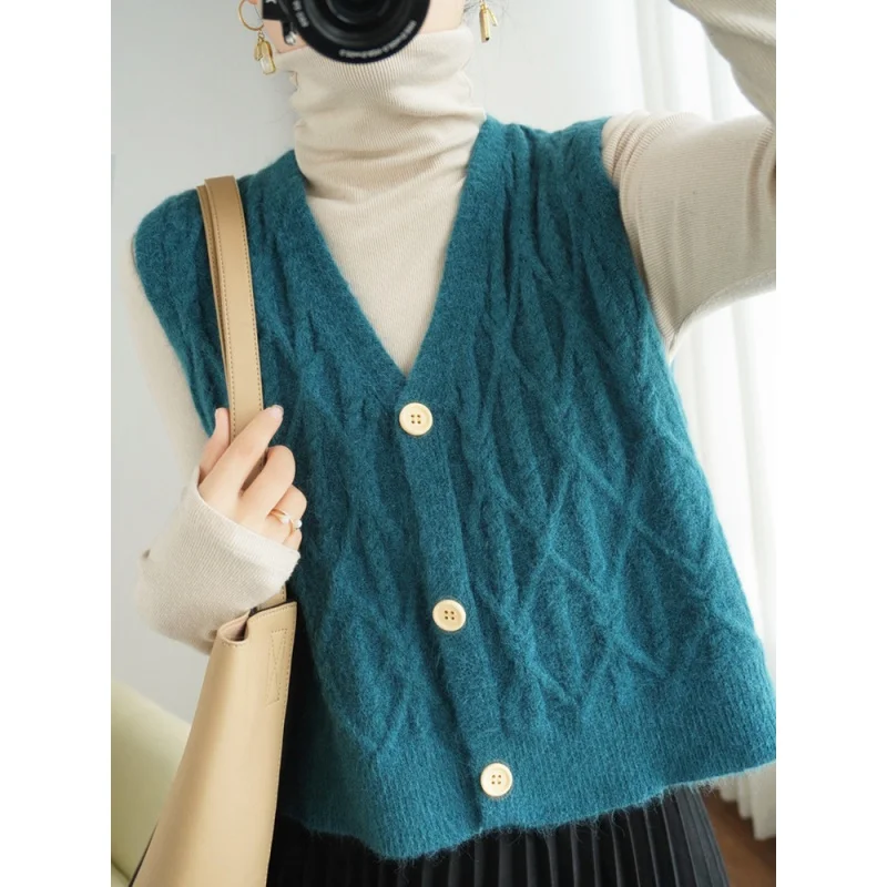 Woll Cardigan Weste 2023 Frühling Damen Strickweste lose V-Ausschnitt All-Matching Oberbekleidung Pullover Weste