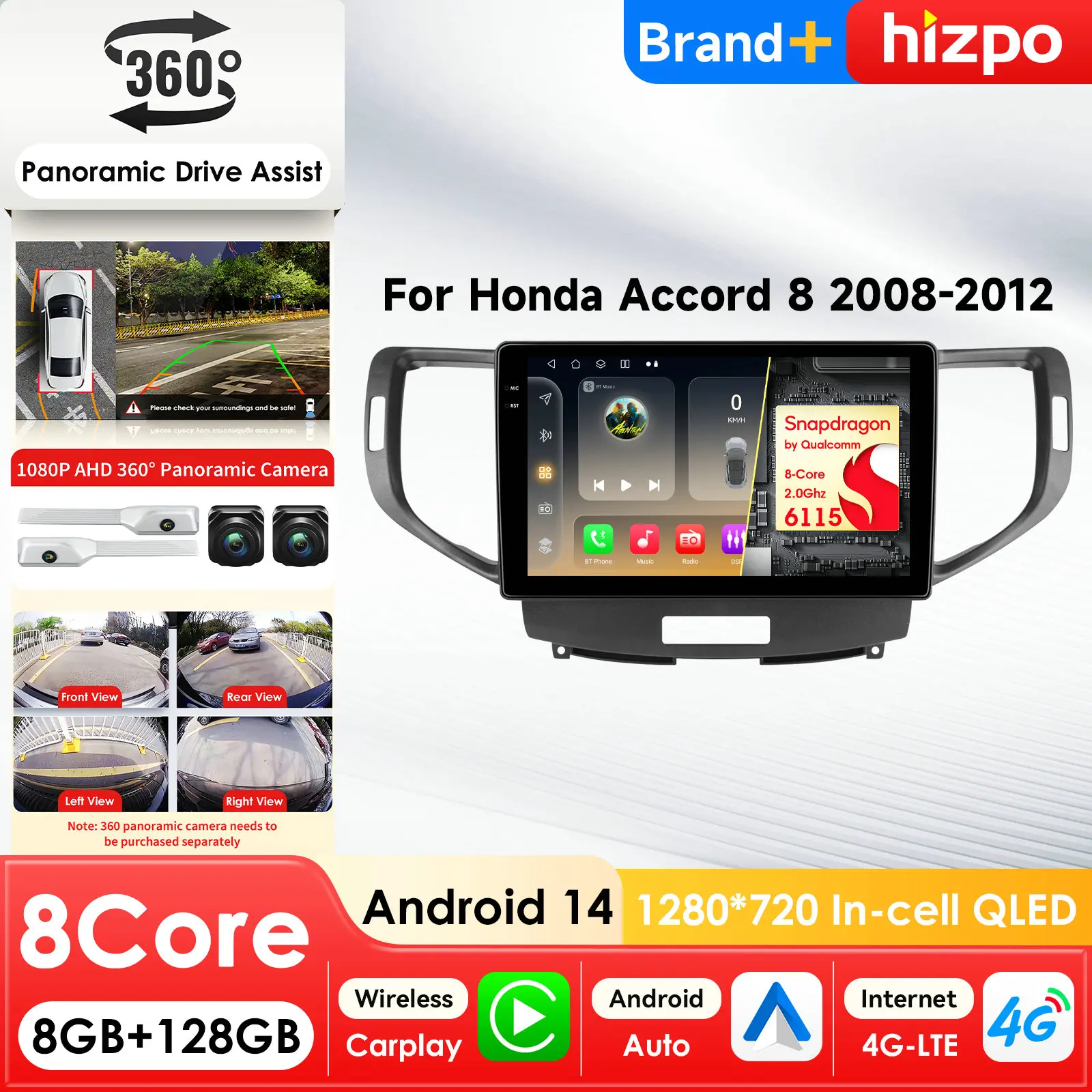

Hizpo for Snapdragon Stereo AI Car Multimedia Player for Honda Accord 8 2008-2012 Spirior Accord Ⅷ GPS Carplay 4G Head Unit WIFI