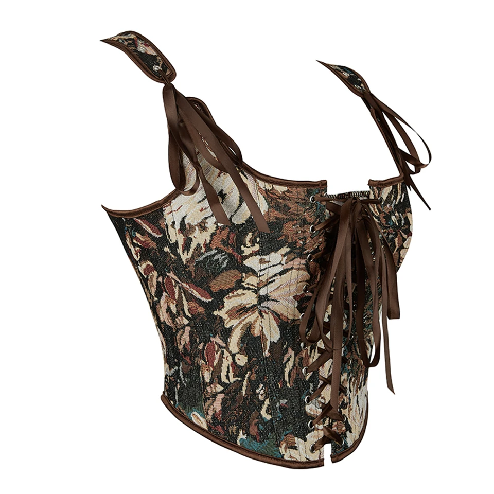 Becirzet Französisches Vintage Damenkorsett Bustier mit Blumenmuster, ärmelloses Schnür-Crop-Top, Taillenformer, Camisole – Detail 3