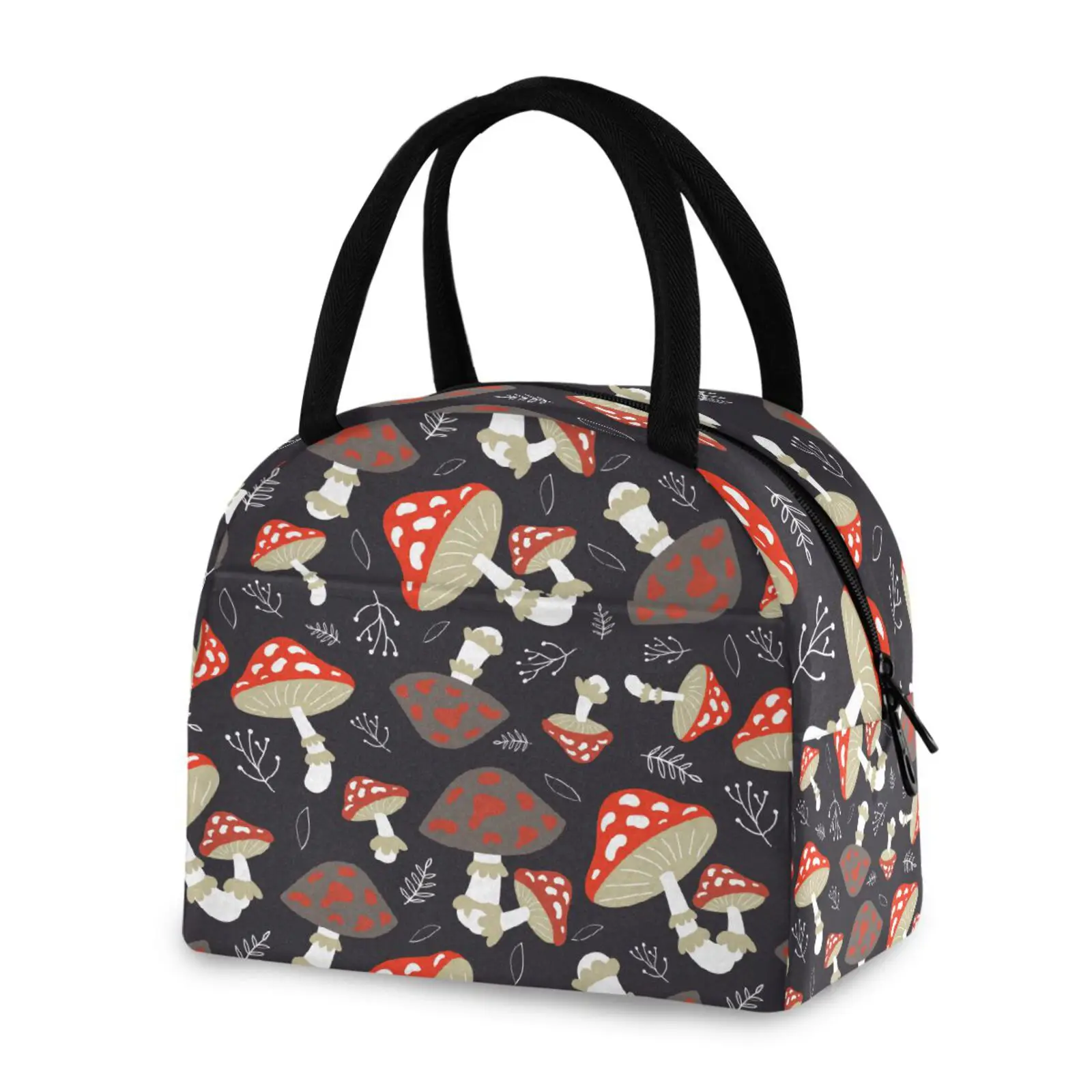 

Cute Mushroom Wild Plant Print Lunch Bag Cooler Tote Portable Insulated Box Canvas Food Container School Picnic For Men Women