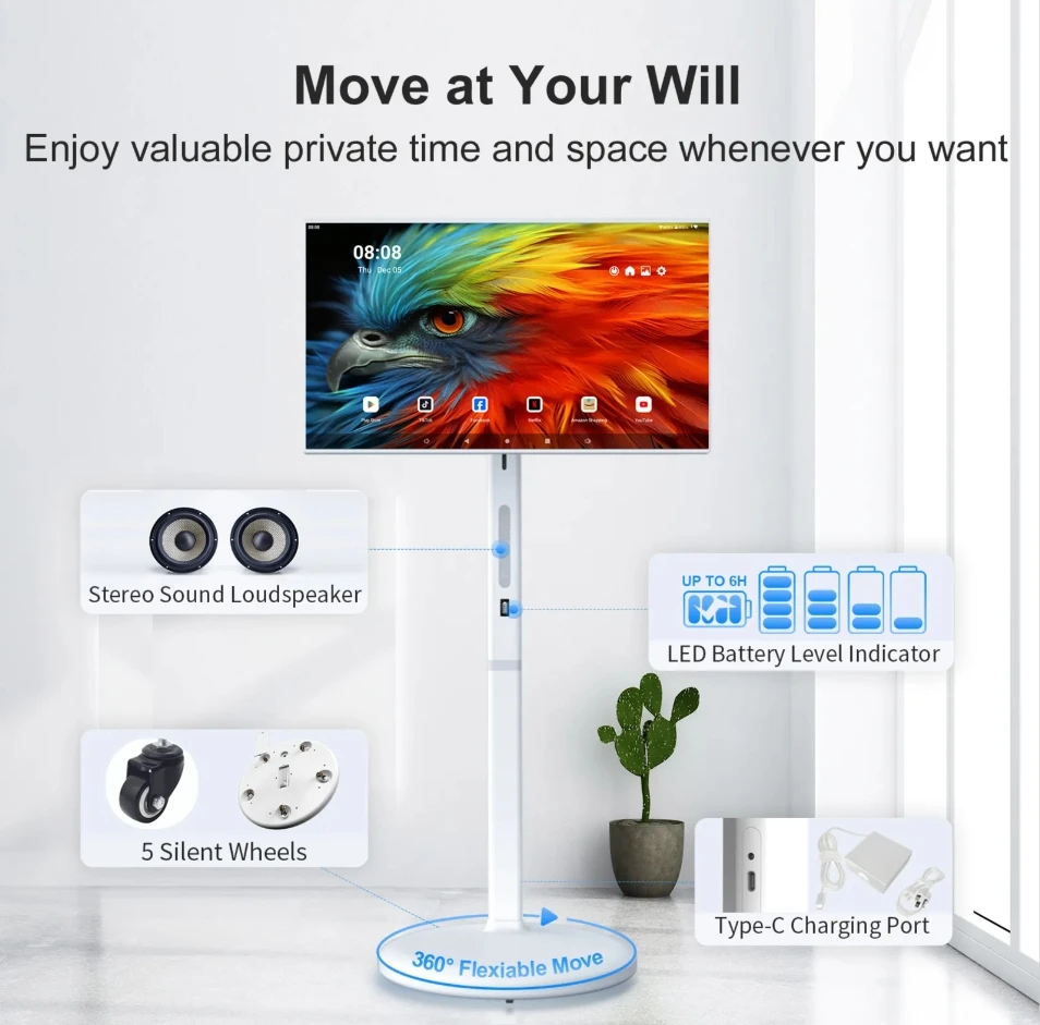 32-Inch Smart 4K Touch Screen Portable LCD TV with Rechargeable Battery Wireless Android for Indoor Restaurant & Hotel Use White