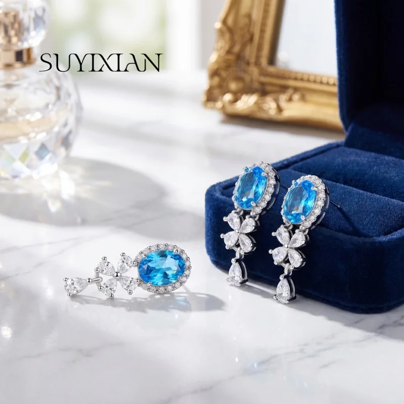 

925 Sterling Silver Fashion Luxury Ice Flower Cut Zircon Pigeon Egg Clover Earrings Birthday Party Anniversary Gift