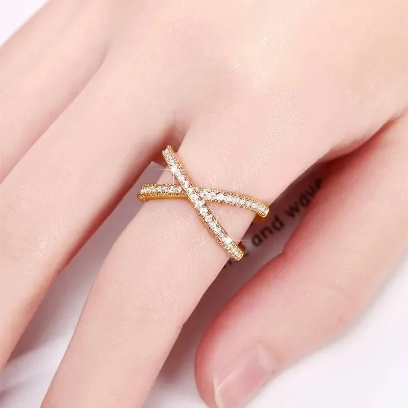 Crossing Finger Ring Shiny Zircon Rings for Women Men New X Shape Round Fashion Women Personality Jewelry
