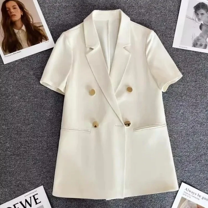 Chaqueta de traje blanca con espalda descubierta para mujer, abrigo de manga corta para dama de oficina, moda coreana, diseñador, alta calidad, forrado, verano, nuevo