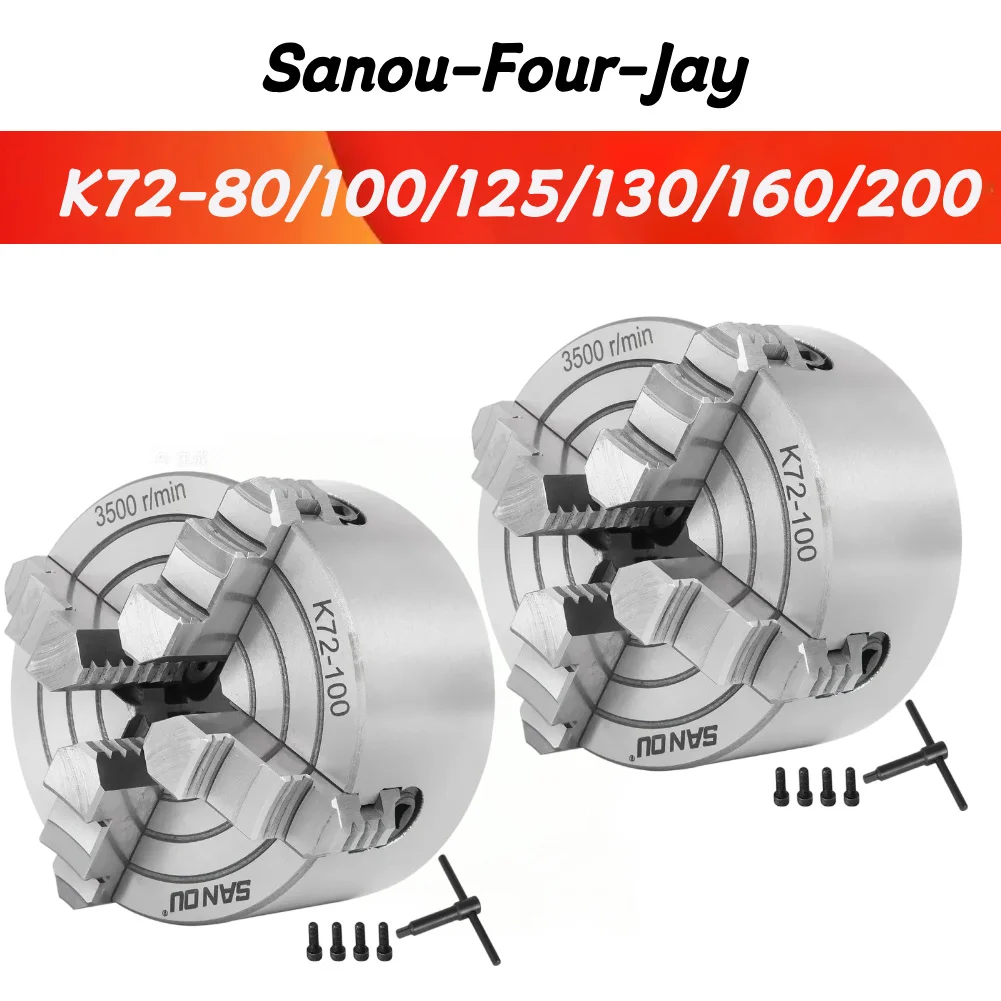 K72-80/100/125/160/200 4 Jaw Independent  Lathe Manual Scroll Chuck for Mini Mechanical Lathe with Harden Steel for Wood Process